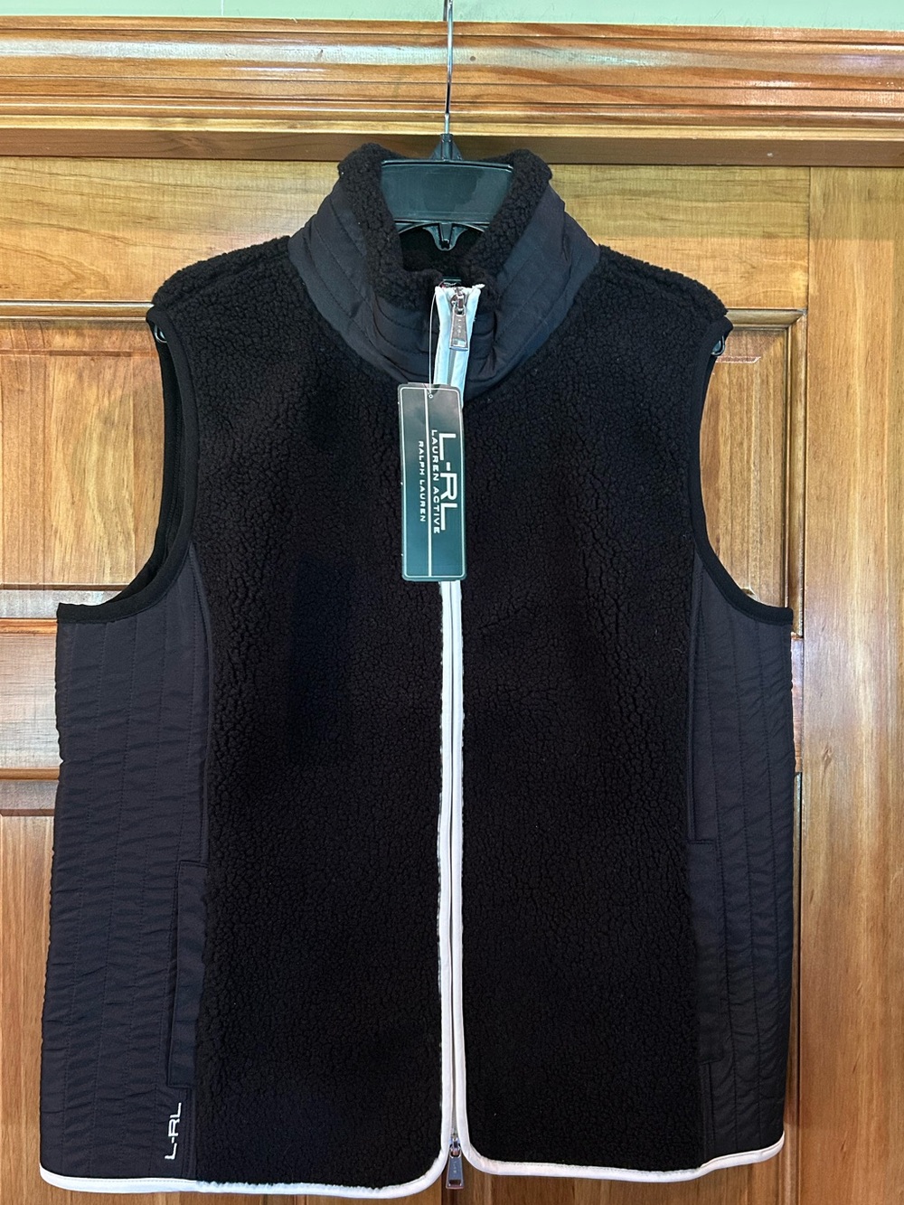 Lauren Ralph Lauren Black Sherpa Zip Vest with White Trim